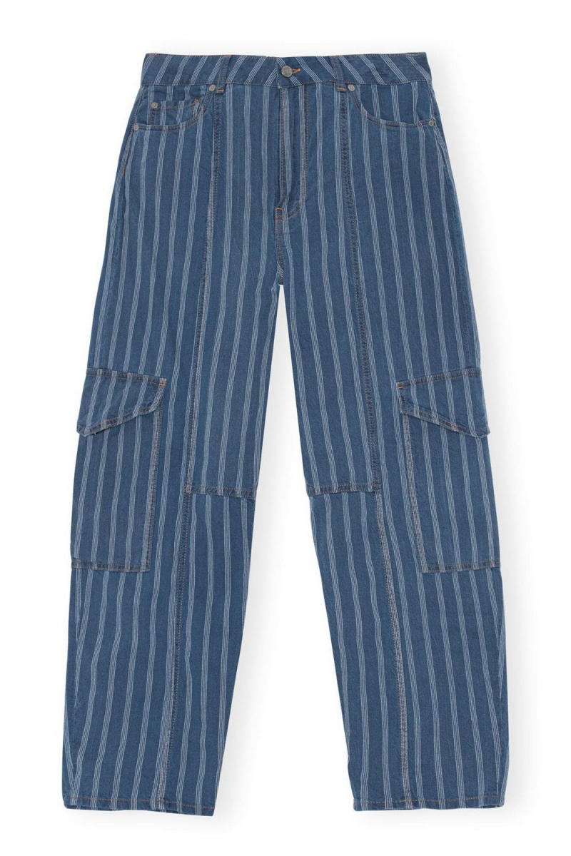 Blue Women's Ganni Stripe Denim Cargo Pants | 15XBGDSKO