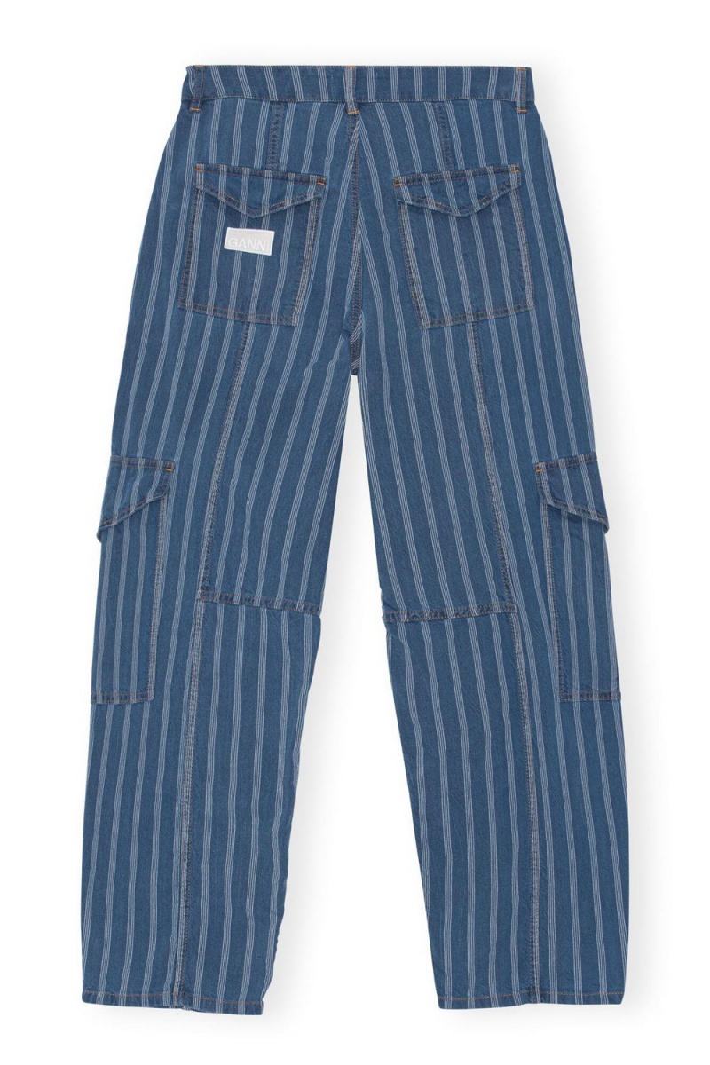 Blue Women's Ganni Stripe Denim Cargo Pants | 15XBGDSKO