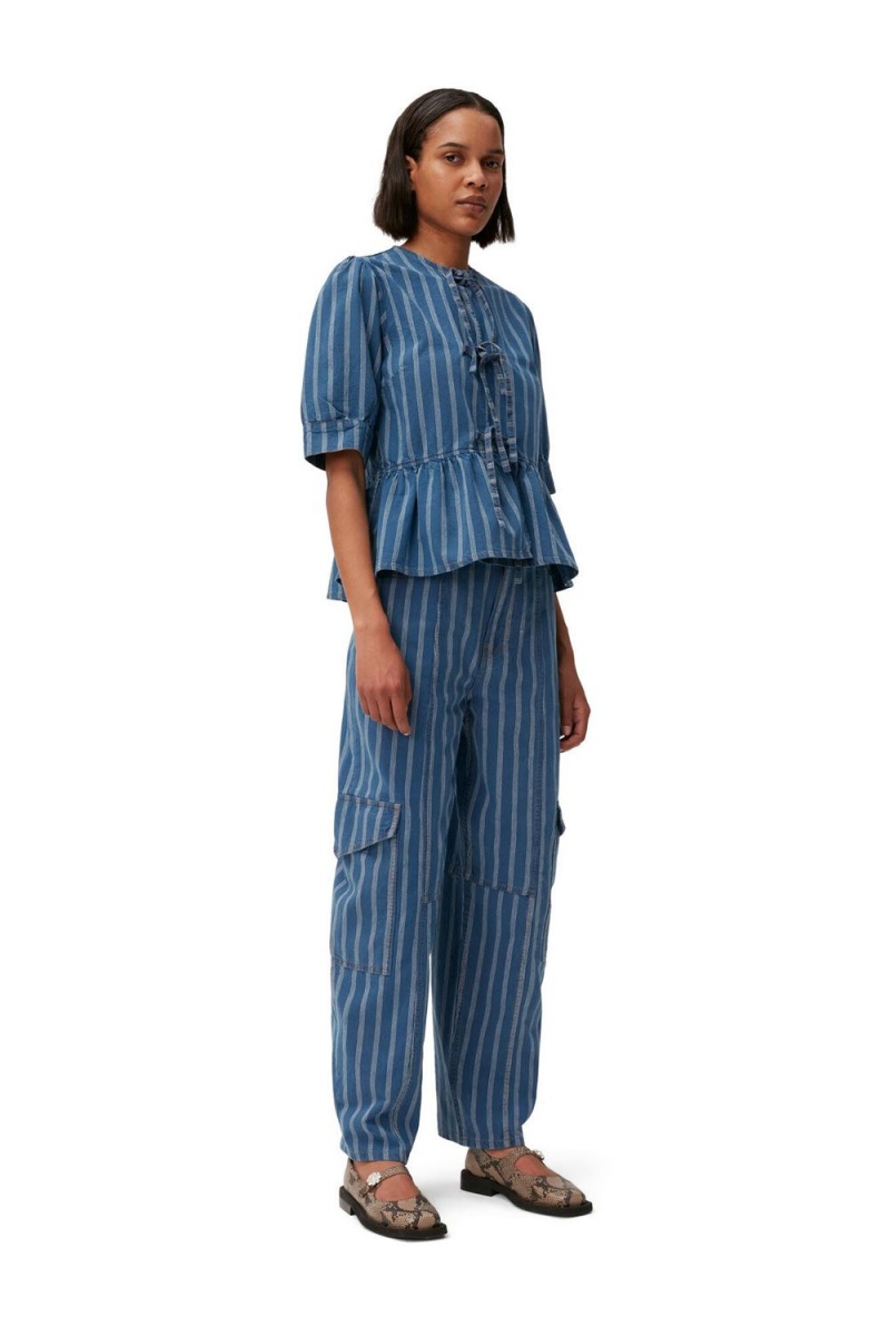 Blue Women\'s Ganni Stripe Denim Cargo Pants | 15XBGDSKO