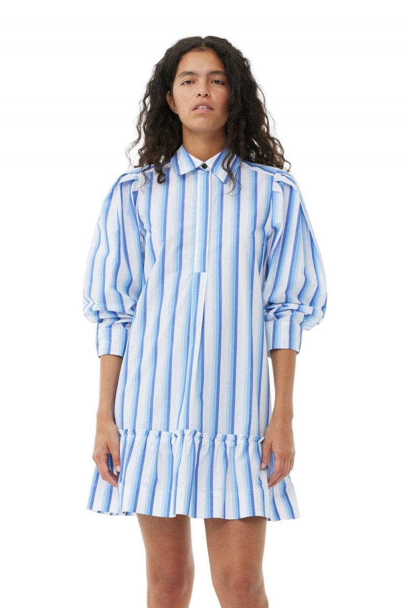 Blue Women's Ganni Striped Cotton Mini Shirt Dress | 80KONJPCL