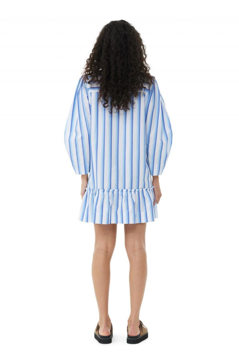 Blue Women's Ganni Striped Cotton Mini Shirt Dress | 80KONJPCL