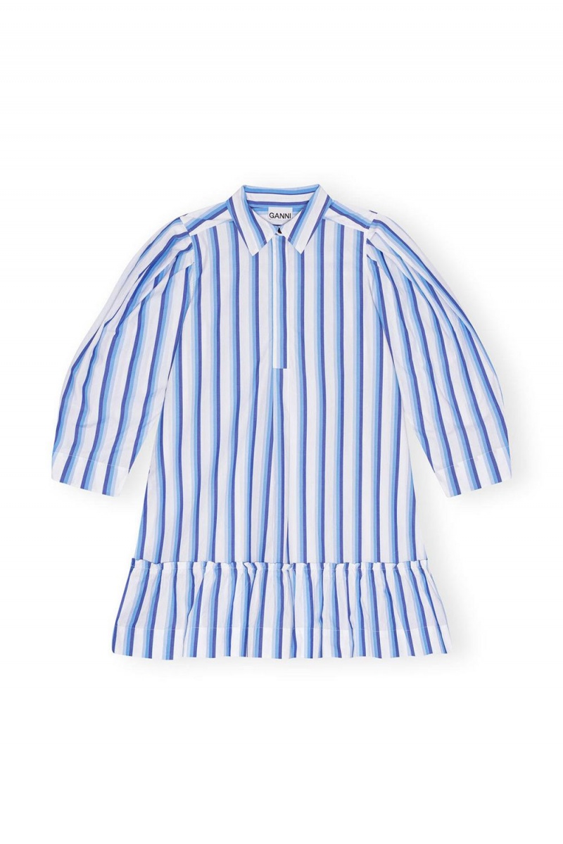 Blue Women's Ganni Striped Cotton Mini Shirt Dress | 80KONJPCL