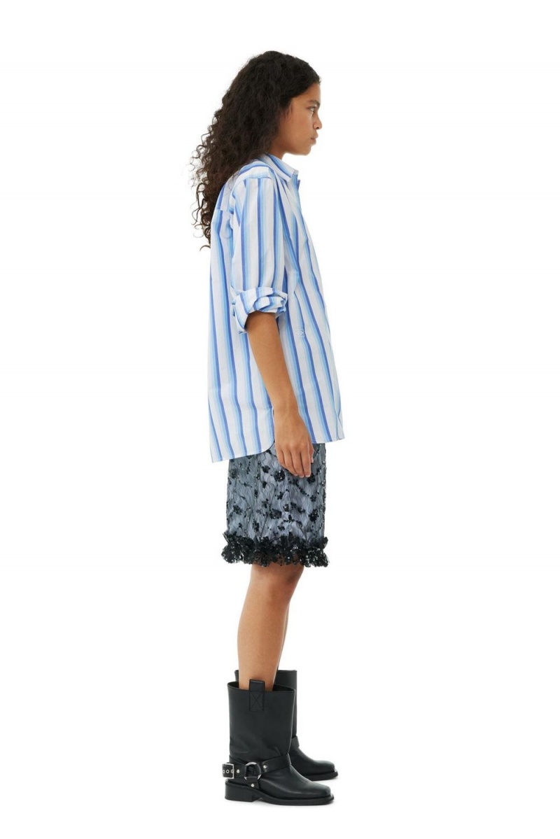 Blue Women's Ganni Striped Cotton Oversized Shirts | 92VIMFTKJ