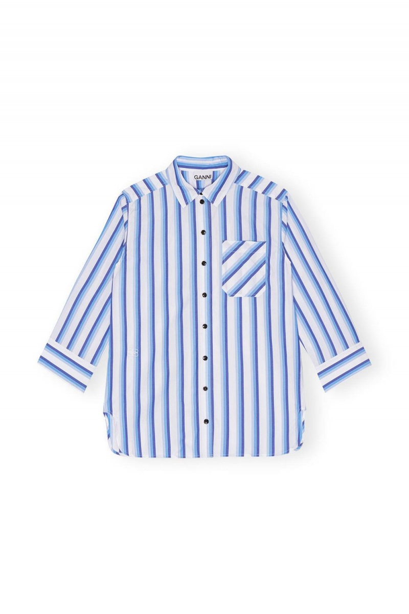 Blue Women's Ganni Striped Cotton Oversized Shirts | 92VIMFTKJ