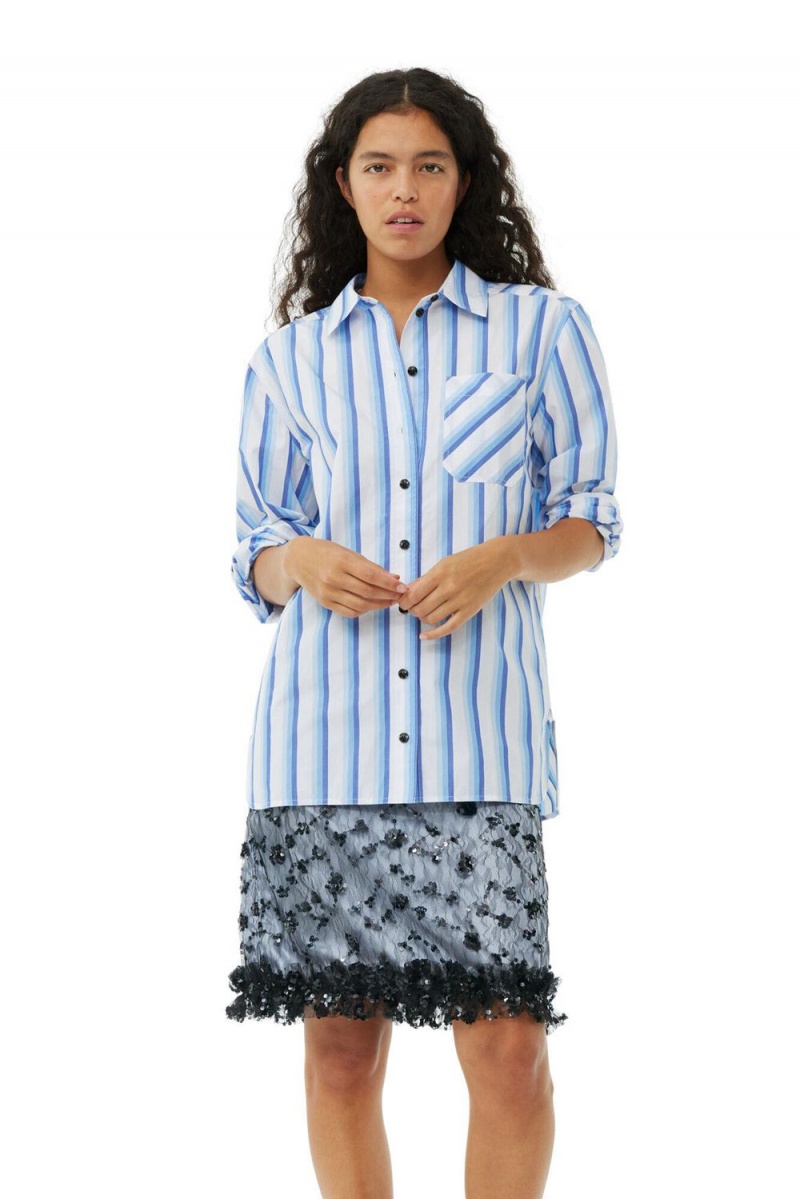 Blue Women\'s Ganni Striped Cotton Oversized Shirts | 92VIMFTKJ