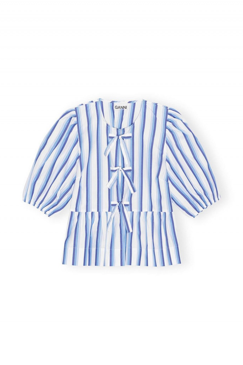 Blue Women's Ganni Striped Cotton Poplin Peplum Tie Blouse | 39QTFKMVA