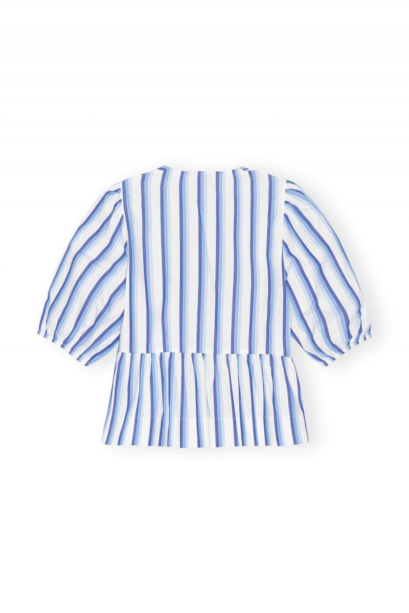 Blue Women's Ganni Striped Cotton Poplin Peplum Tie Blouse | 39QTFKMVA