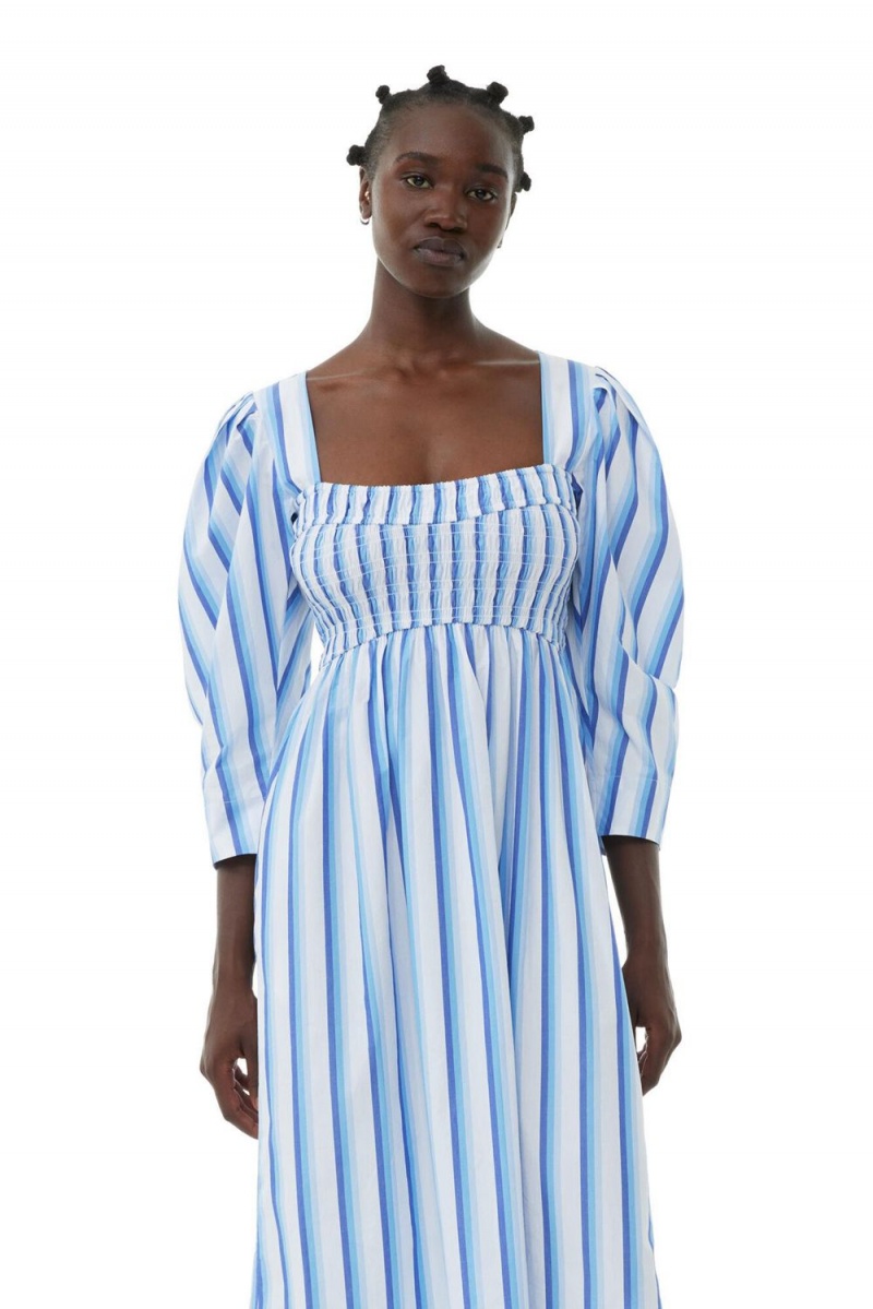 Blue Women's Ganni Striped Cotton Smock Long Dress | 50XKCPIAF