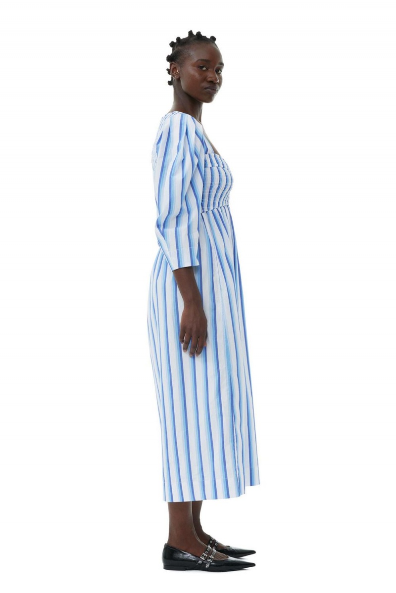 Blue Women's Ganni Striped Cotton Smock Long Dress | 50XKCPIAF