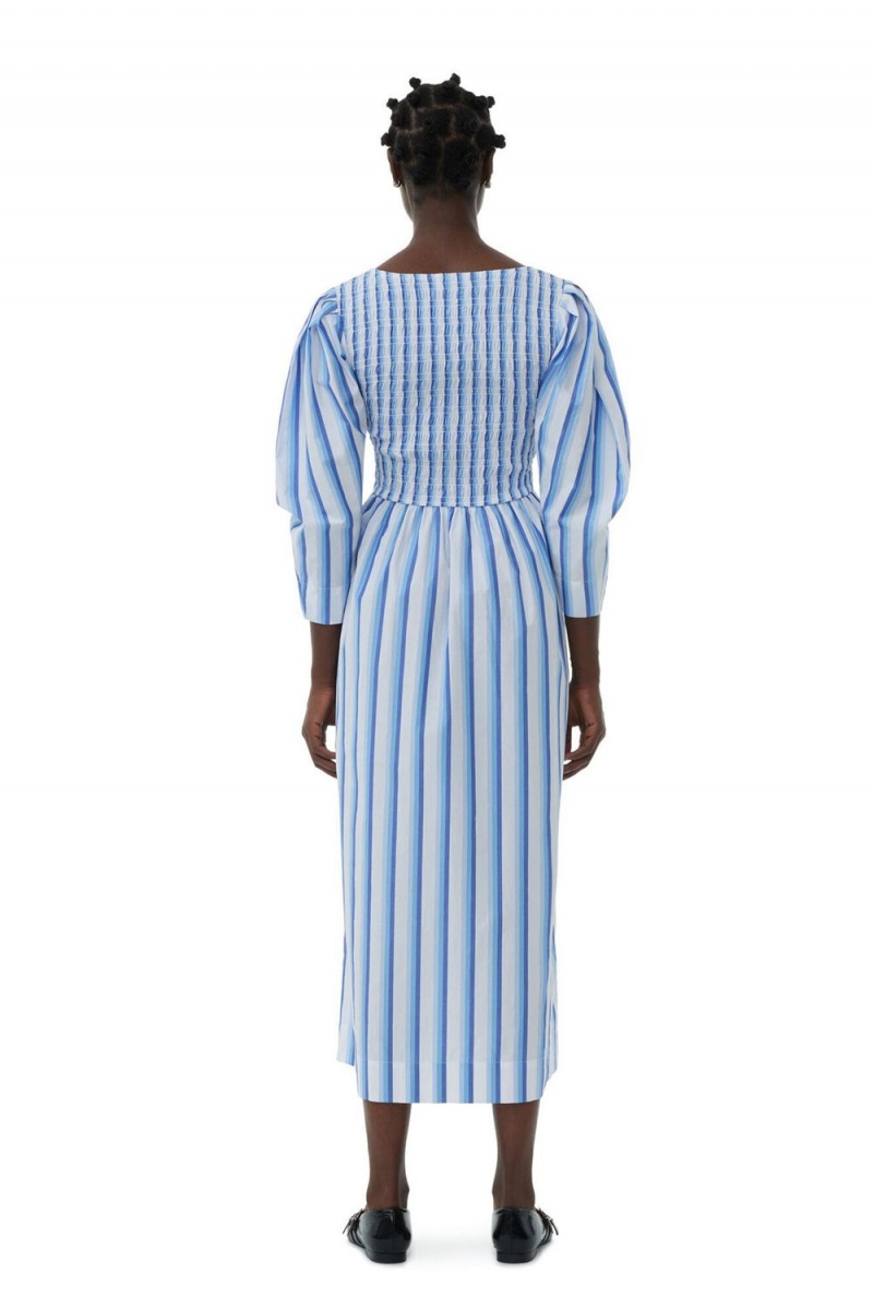 Blue Women's Ganni Striped Cotton Smock Long Dress | 50XKCPIAF