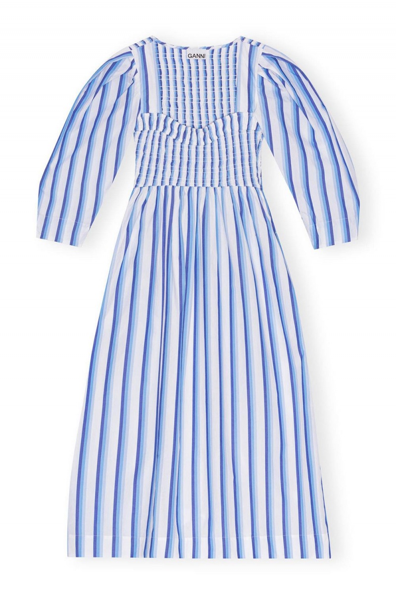 Blue Women's Ganni Striped Cotton Smock Long Dress | 50XKCPIAF