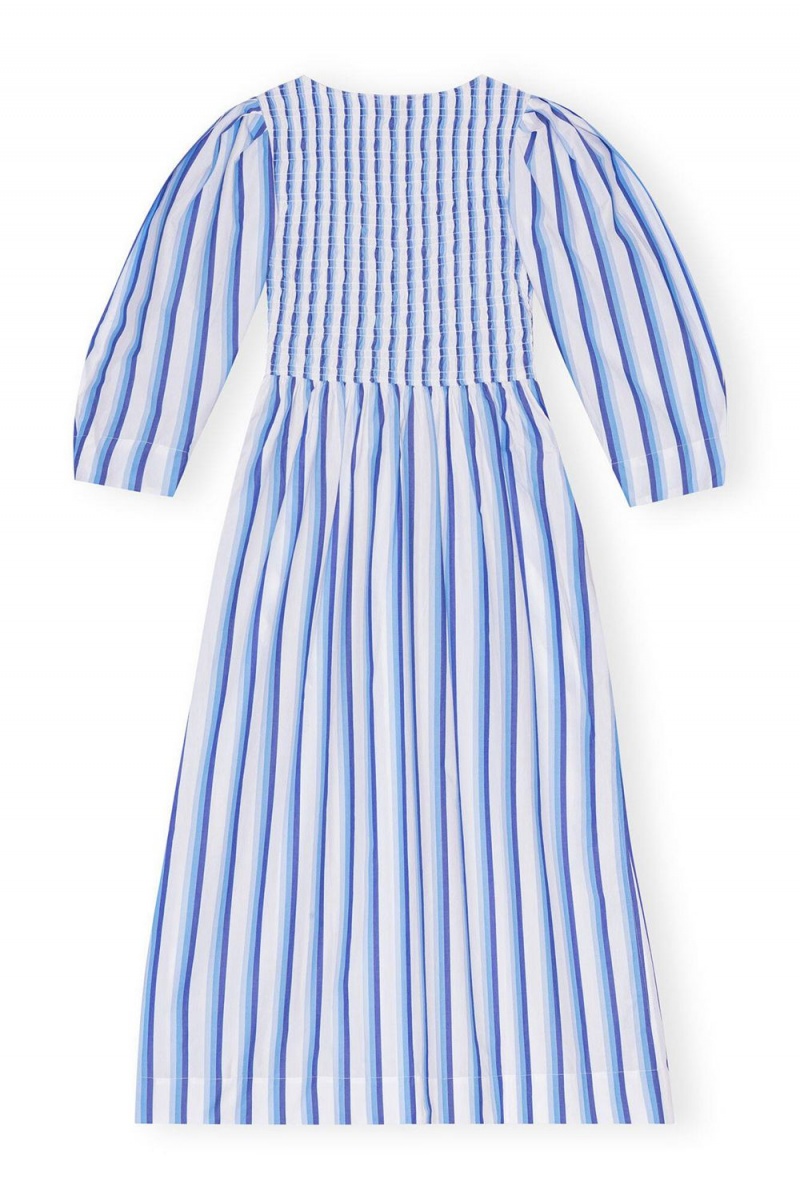 Blue Women's Ganni Striped Cotton Smock Long Dress | 50XKCPIAF