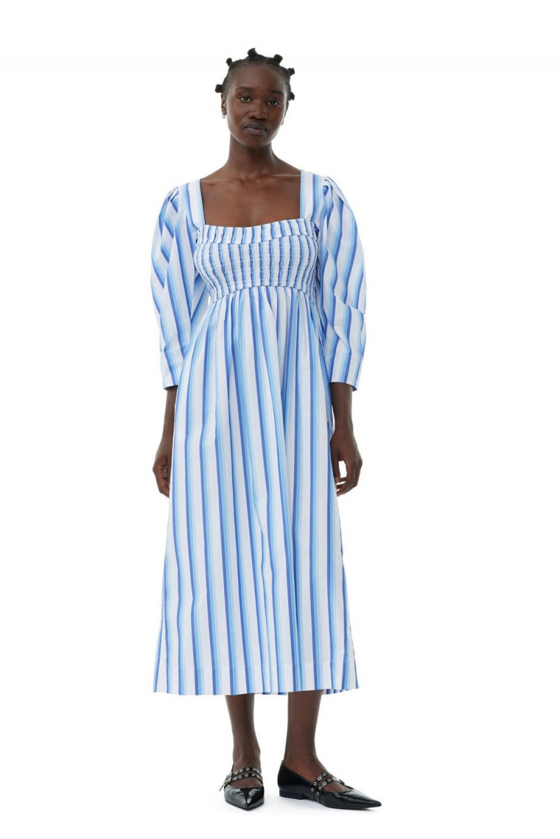 Blue Women\'s Ganni Striped Cotton Smock Long Dress | 50XKCPIAF