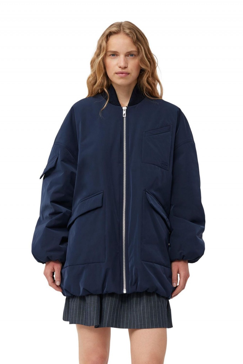 Blue Women\'s Ganni Twill Oversized Bomber Jacket | 79XUHCNTB