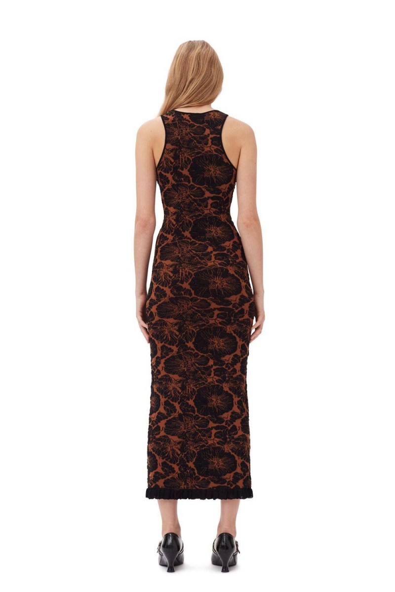 Brown Women's Ganni 3D Jacquard Long Dress | 30UOYEZTA