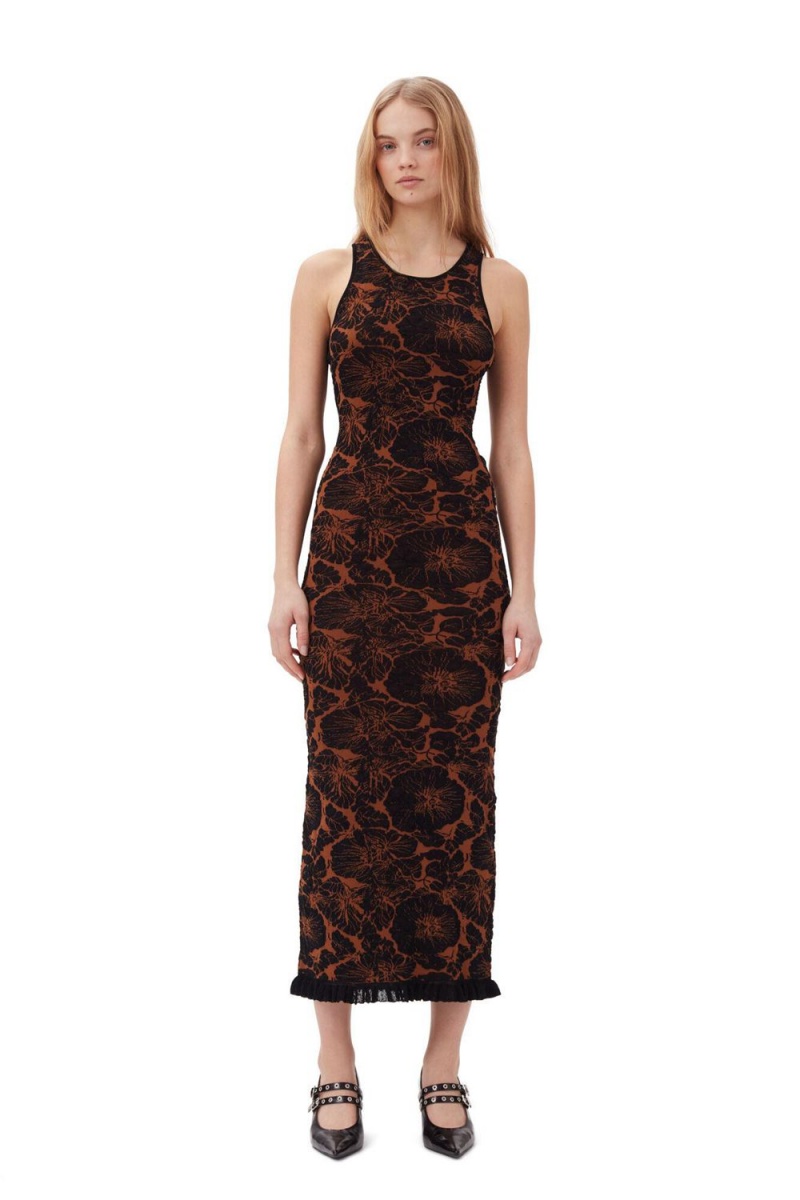 Brown Women\'s Ganni 3D Jacquard Long Dress | 30UOYEZTA