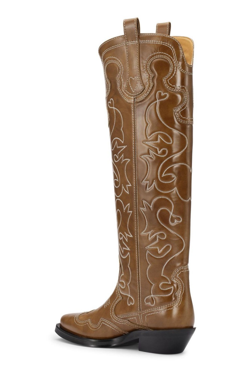 Brown Women's Ganni Embroidered Knee-High Western Boots | 39LKJNIXZ