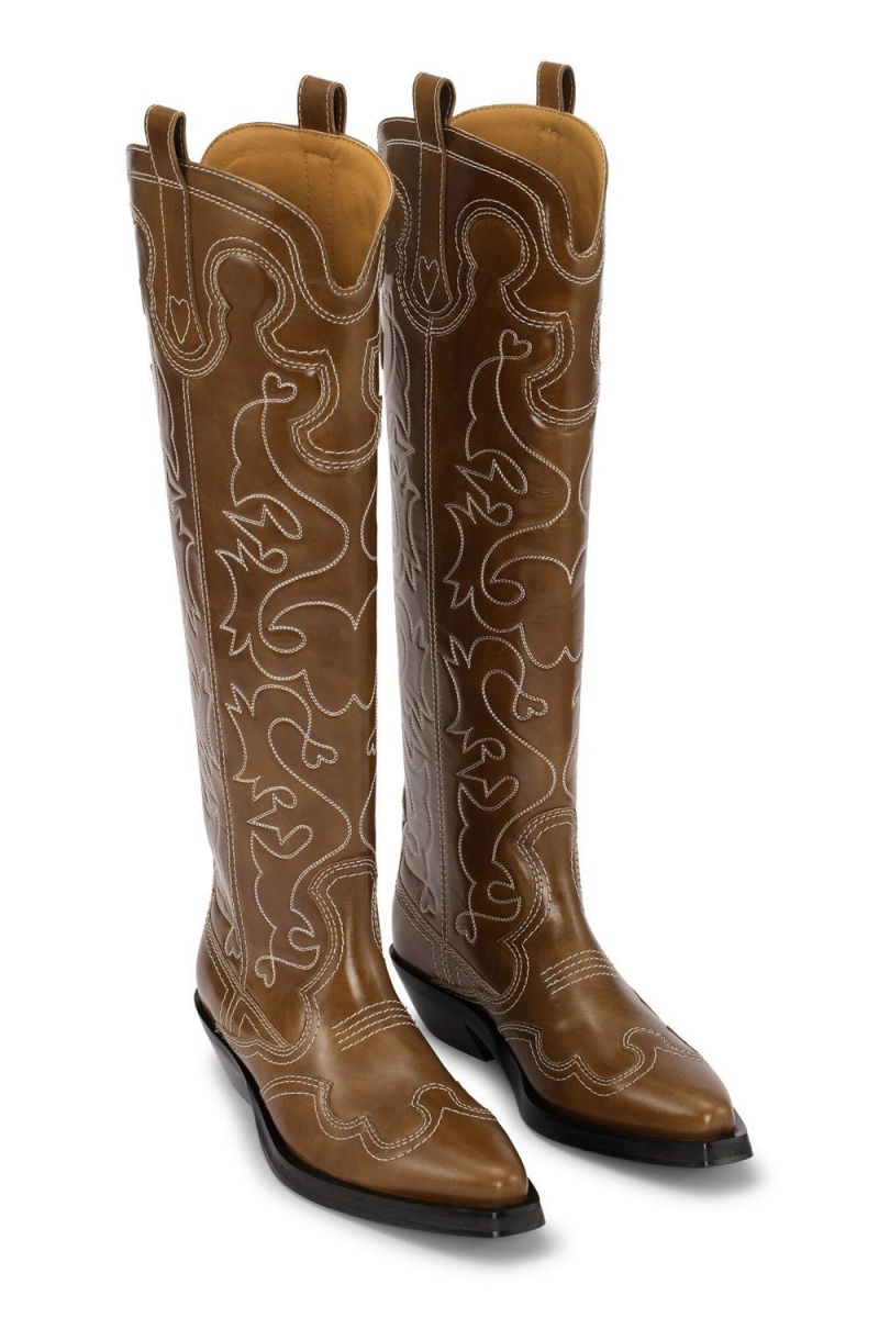 Brown Women's Ganni Embroidered Knee-High Western Boots | 39LKJNIXZ