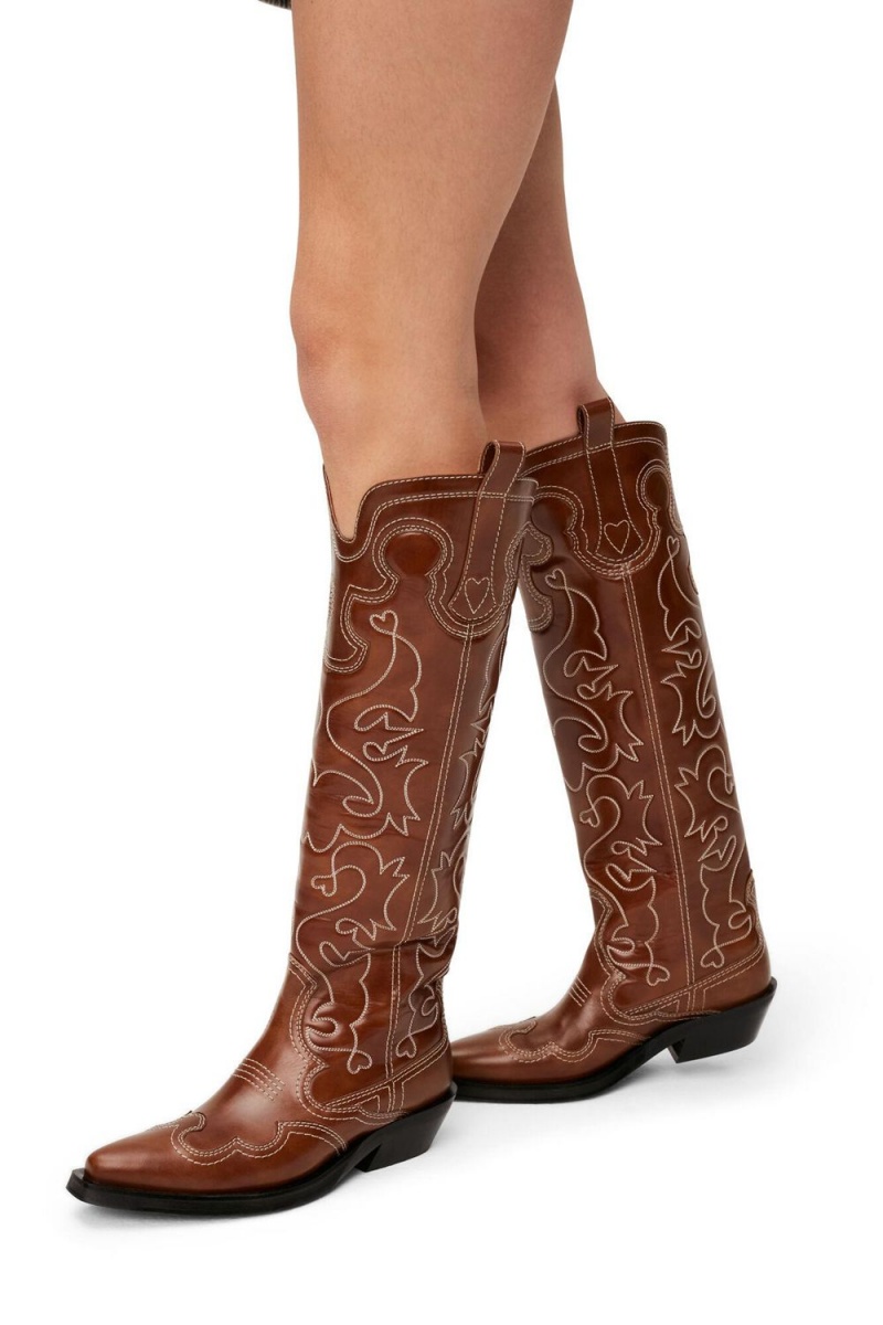 Brown Women's Ganni Embroidered Knee-High Western Boots | 39LKJNIXZ