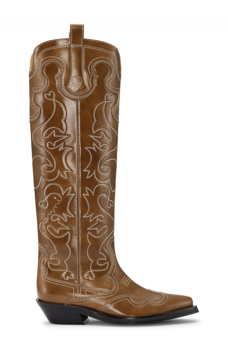 Brown Women\'s Ganni Embroidered Knee-High Western Boots | 39LKJNIXZ