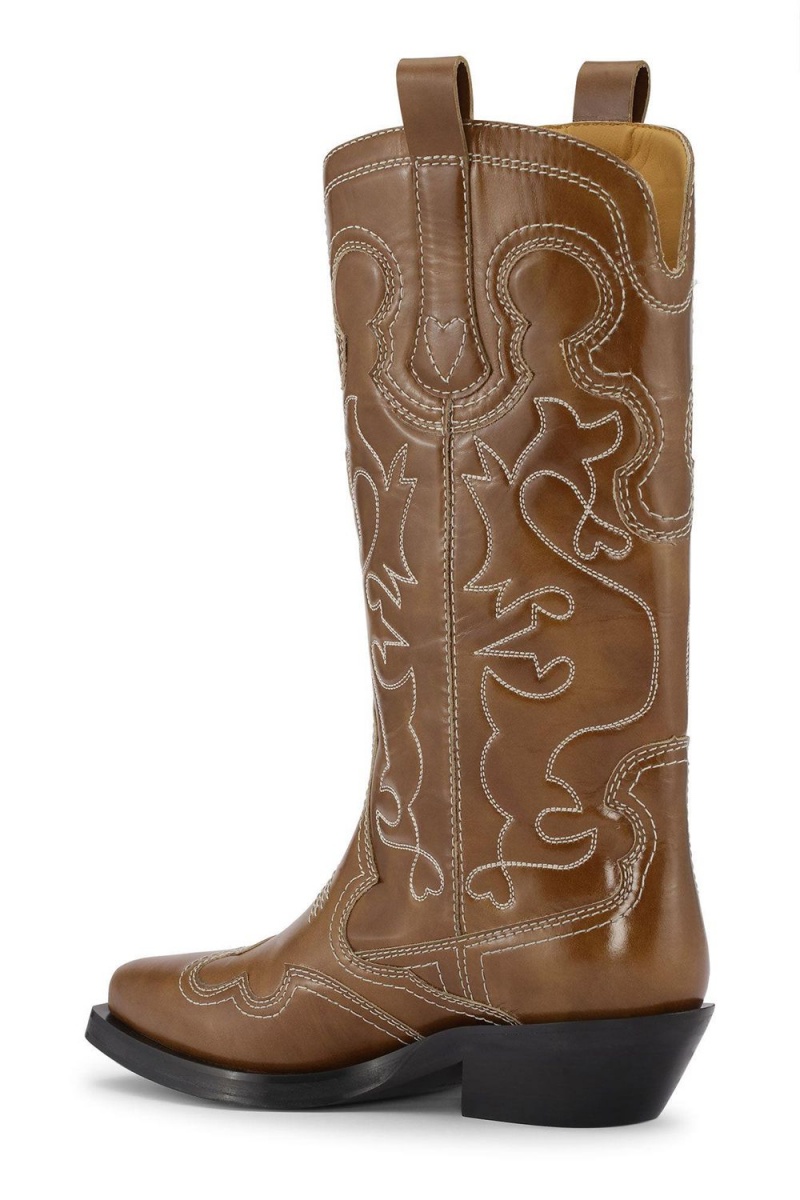 Brown Women's Ganni Mid Shaft Embroidered Western Boots | 70KBTGJYZ