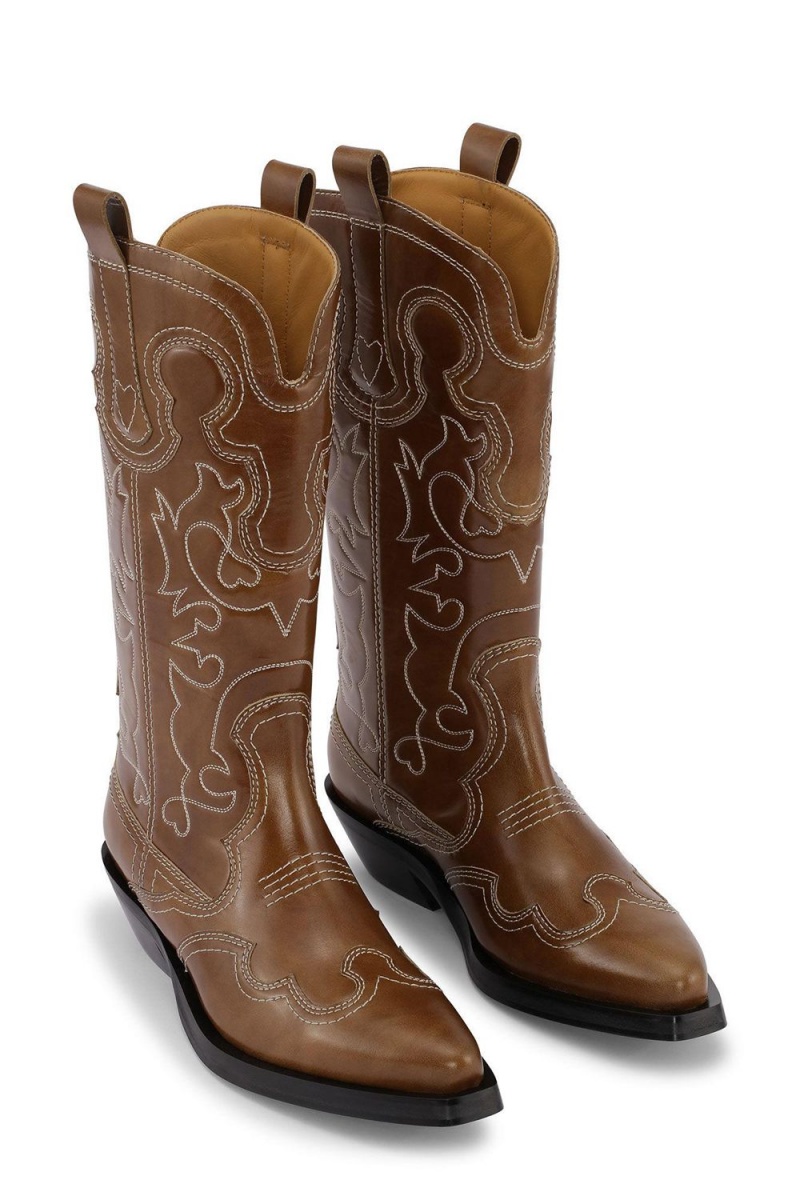 Brown Women's Ganni Mid Shaft Embroidered Western Boots | 70KBTGJYZ