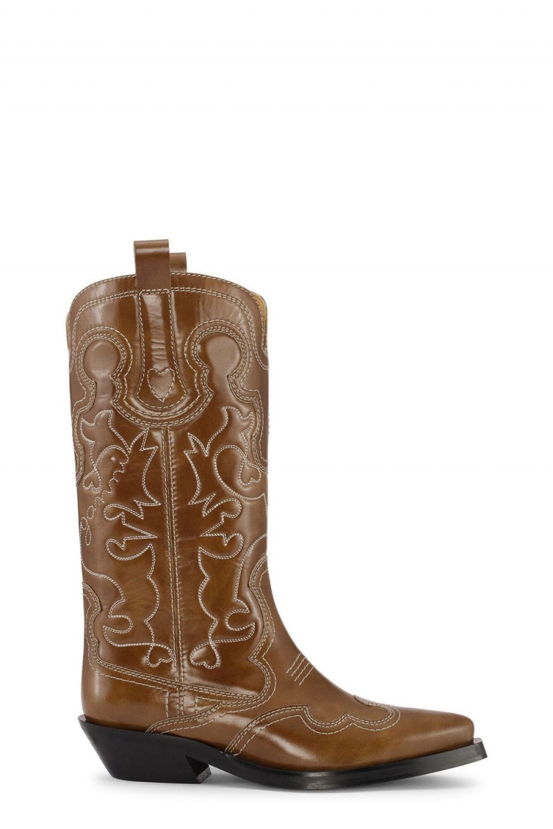 Brown Women\'s Ganni Mid Shaft Embroidered Western Boots | 70KBTGJYZ