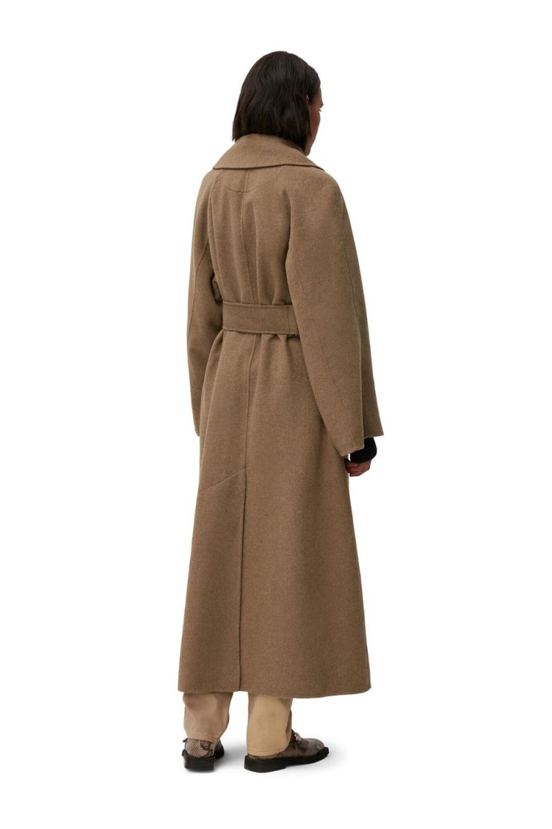 Brown Women's Ganni Recycled Long Wrap Wool Coat | 92EJQGTXU