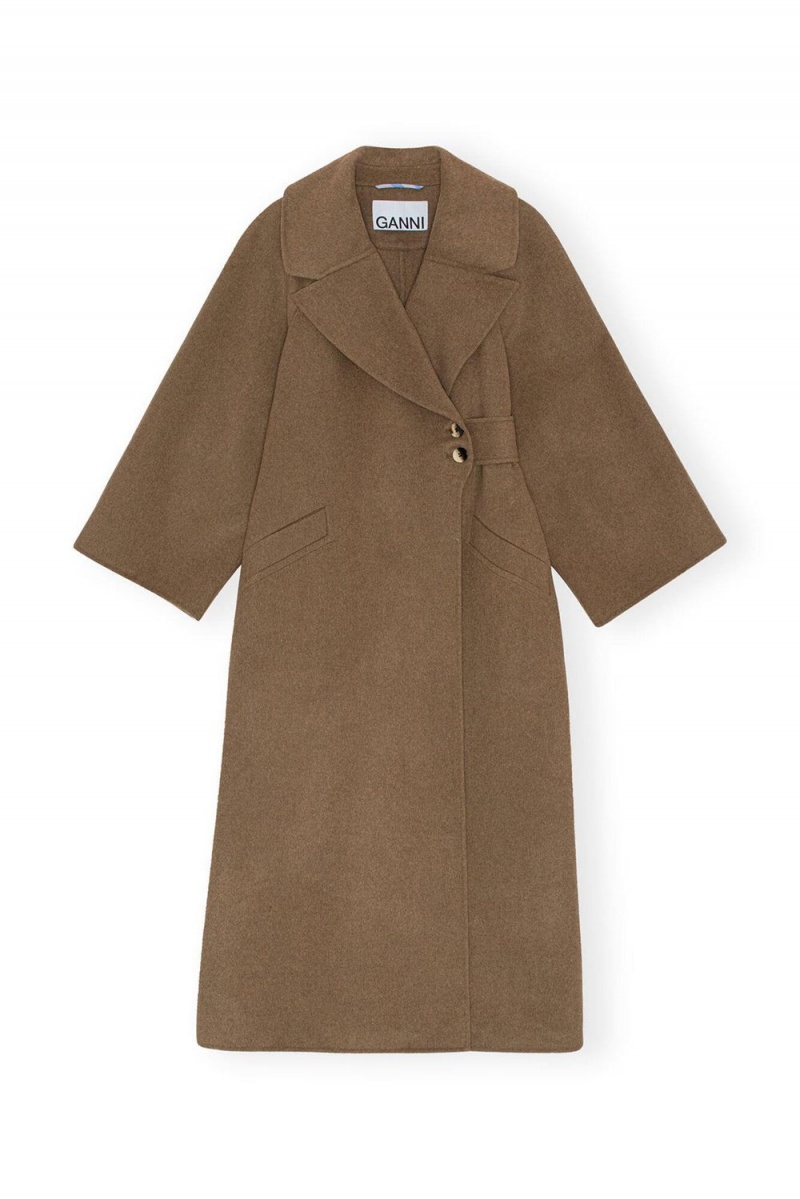 Brown Women's Ganni Recycled Long Wrap Wool Coat | 92EJQGTXU