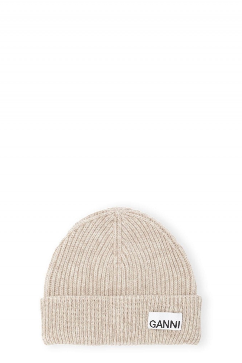 Brown Women\'s Ganni Sand Fitted Wool Rib Knit Beanie | 92YTPNADG