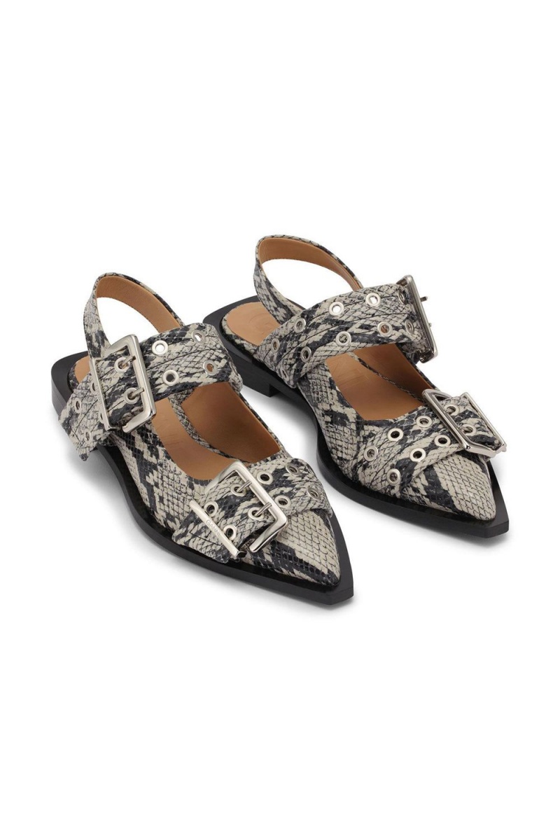 Brown Women's Ganni Snake Printed Chunky Buckle Ballerina | 56QIPBWZT