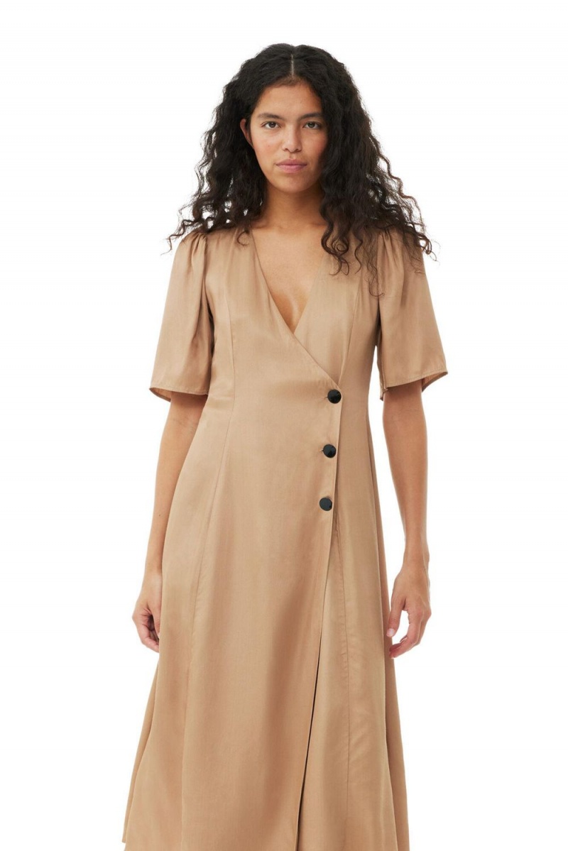 Brown Women's Ganni Viscose Twill Wrap Midi Dress | 94OCKSNPB