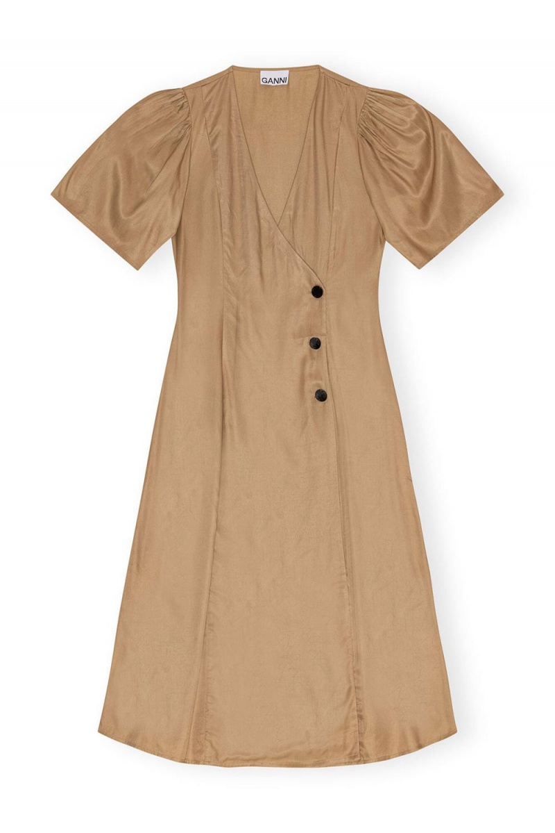 Brown Women's Ganni Viscose Twill Wrap Midi Dress | 94OCKSNPB