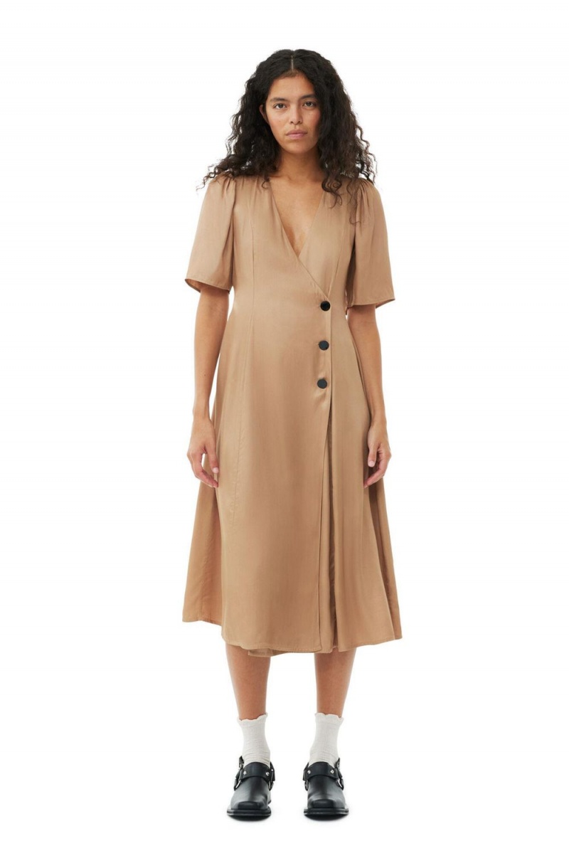 Brown Women\'s Ganni Viscose Twill Wrap Midi Dress | 94OCKSNPB