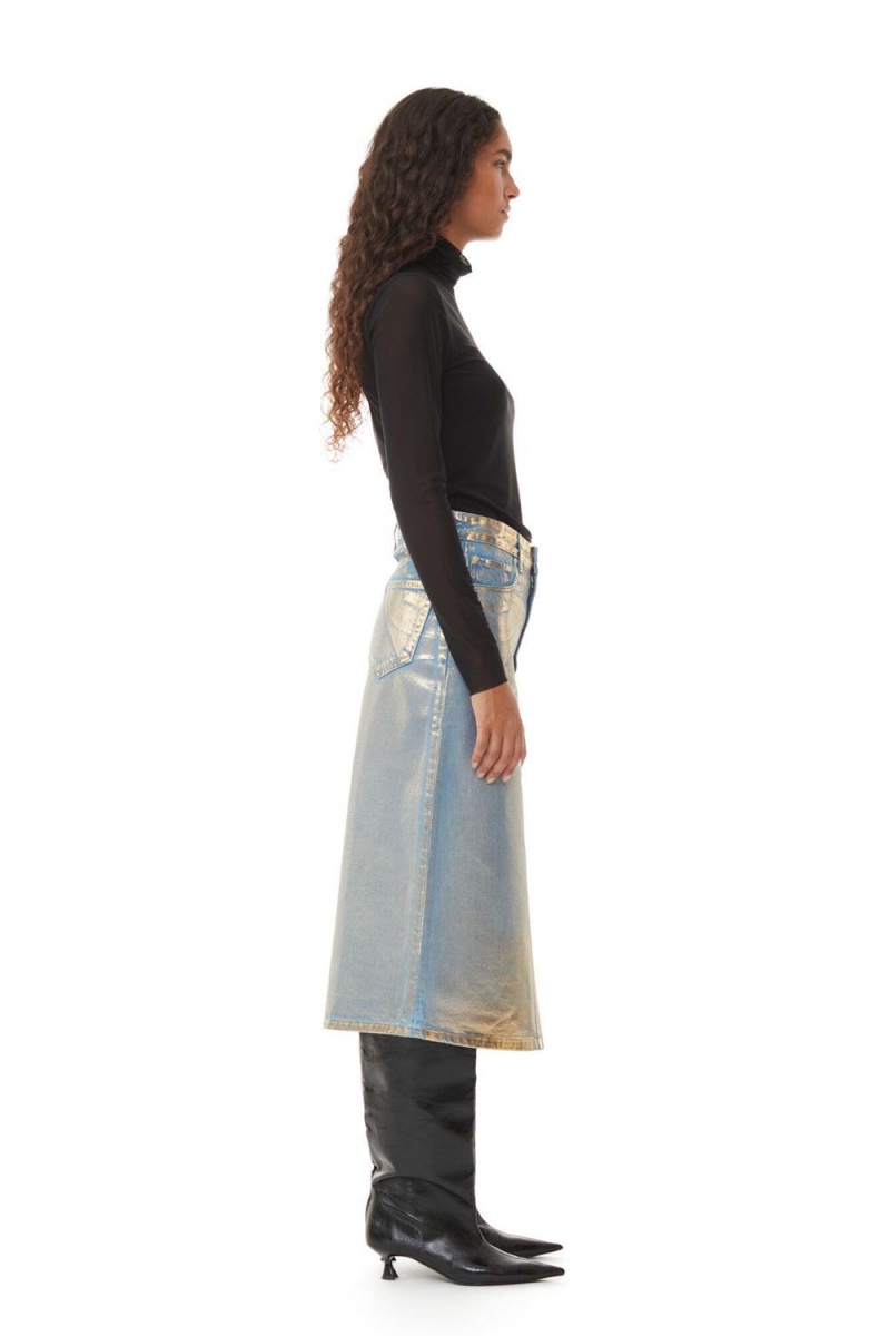 Gold Women's Ganni Denim Midi Skirt | 16KQINXZT