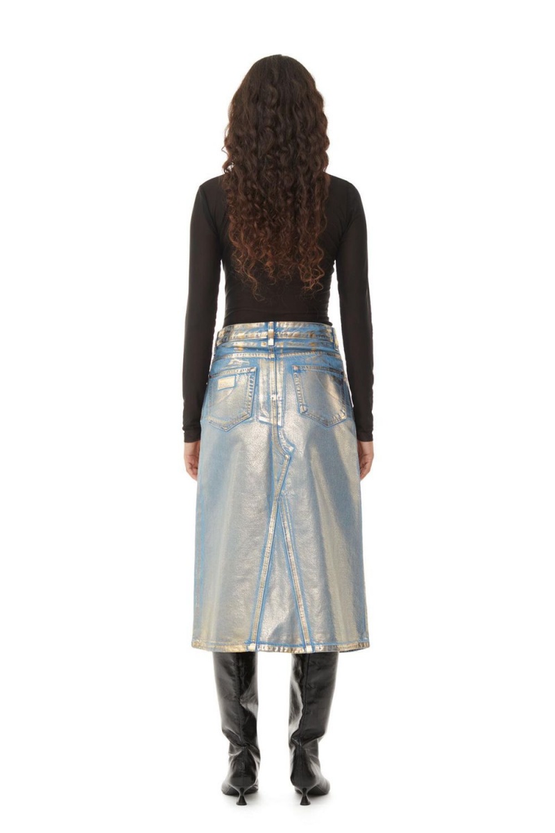 Gold Women's Ganni Denim Midi Skirt | 16KQINXZT