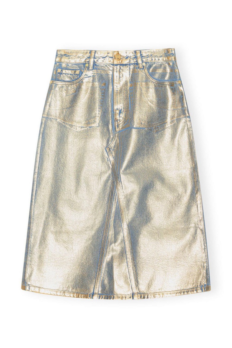 Gold Women's Ganni Denim Midi Skirt | 16KQINXZT