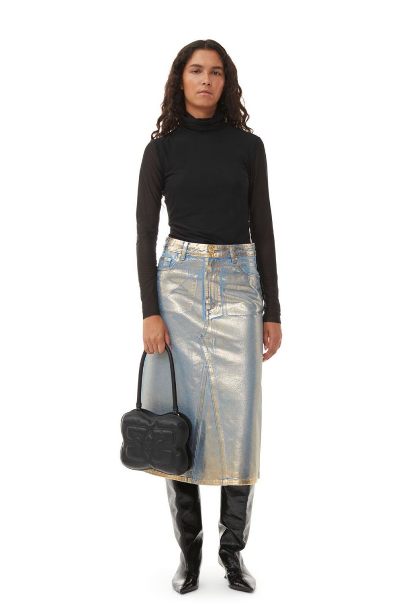 Gold Women\'s Ganni Denim Midi Skirt | 16KQINXZT