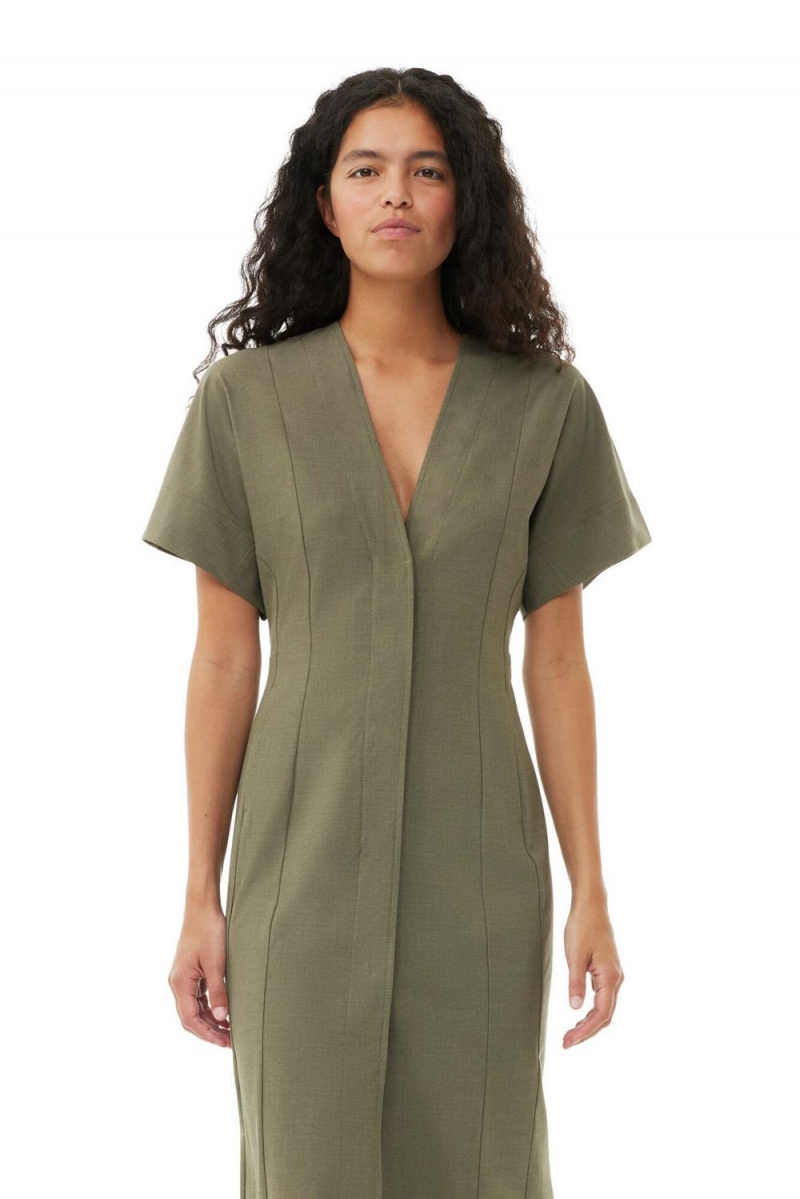 Green Women's Ganni Drapey Melange Midi Dress | 38OSDTAIP