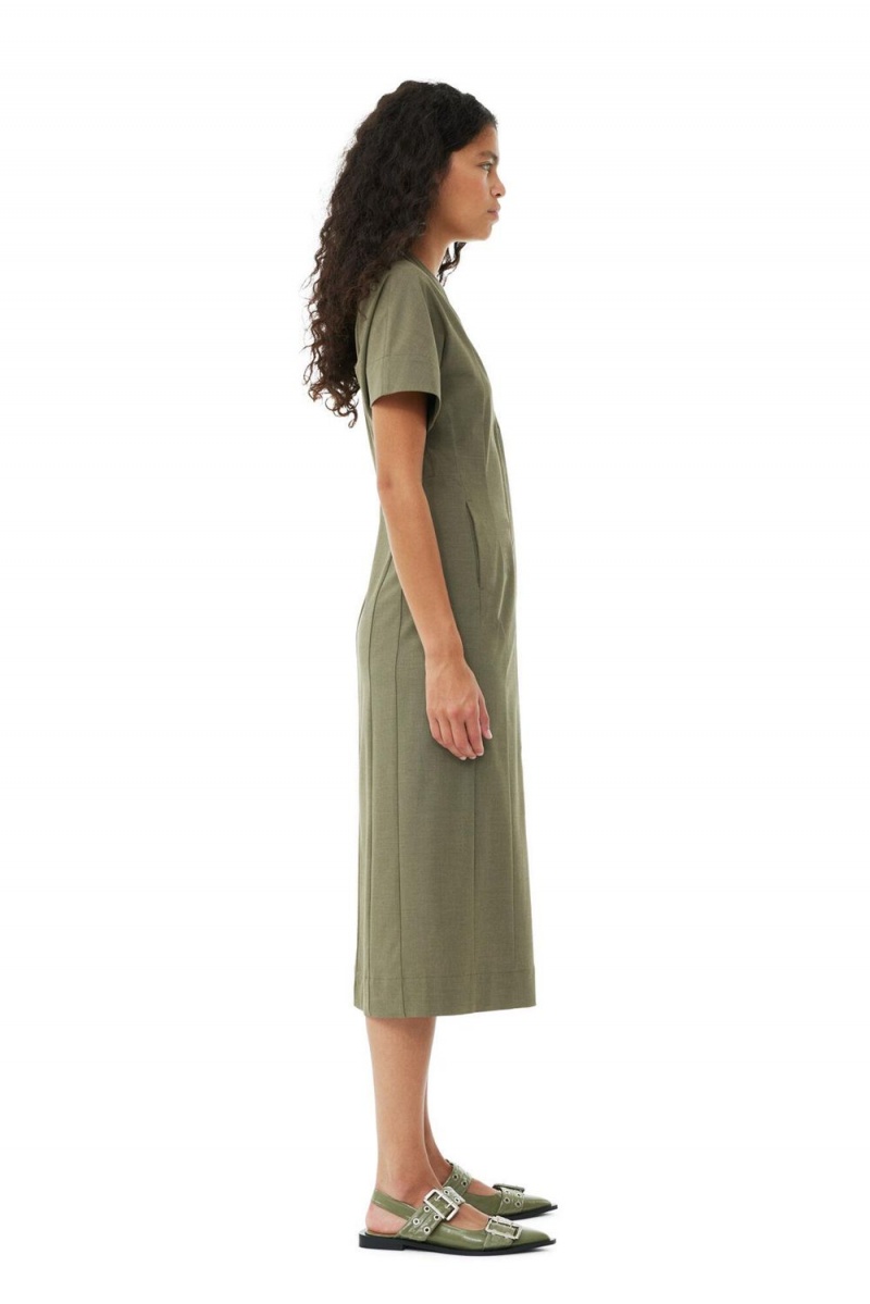 Green Women's Ganni Drapey Melange Midi Dress | 38OSDTAIP