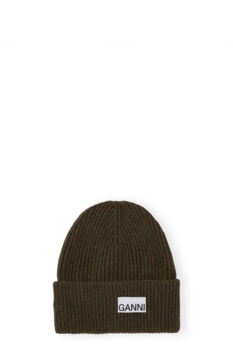 Green Women\'s Ganni Fitted Wool Rib Knit Beanie | 83GECKUXF