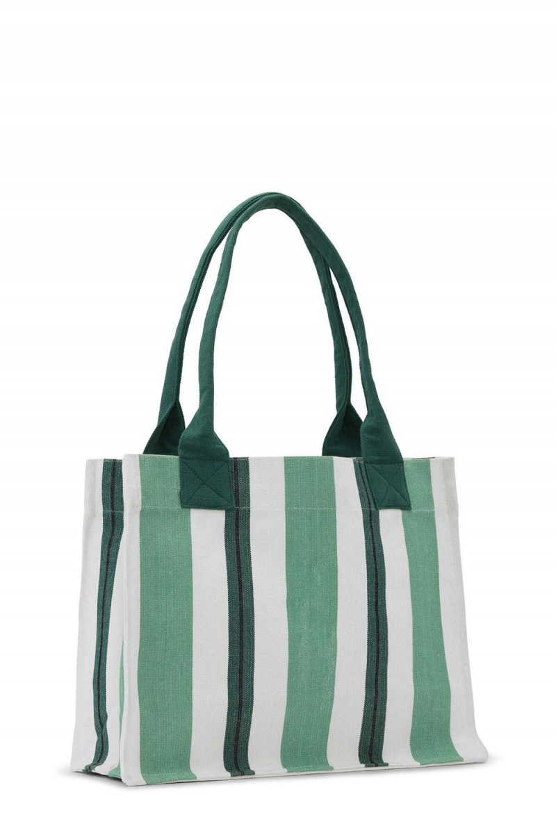 Green Women's Ganni Large Striped Canvas Tote Bag | 59JXCVWZP