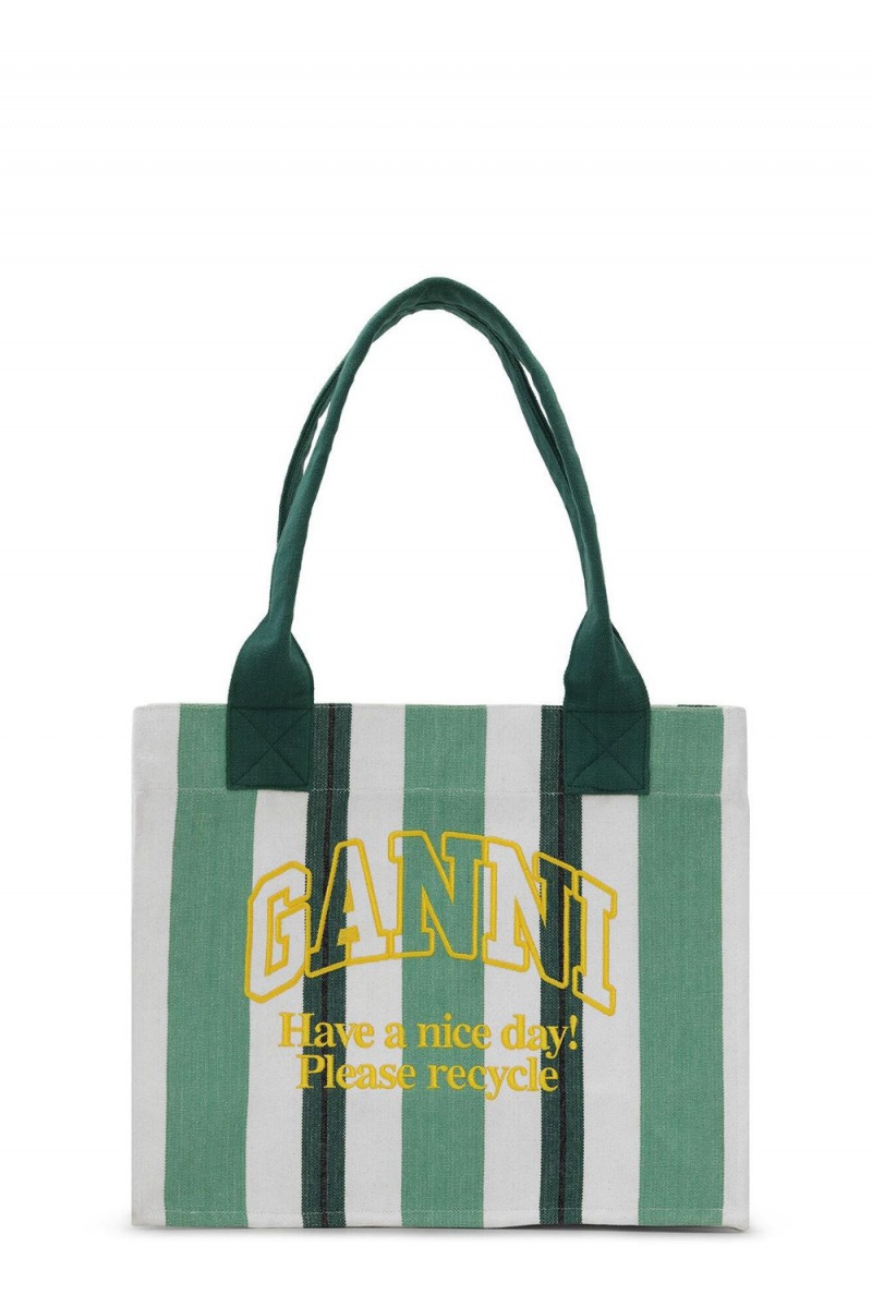 Green Women\'s Ganni Large Striped Canvas Tote Bag | 59JXCVWZP