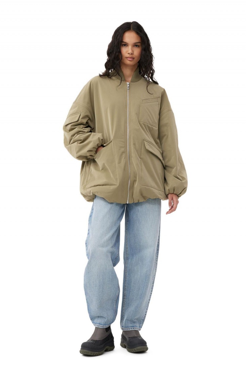 Green Women's Ganni Light Twill Oversized Bomber Jacket | 42VTWQDZN