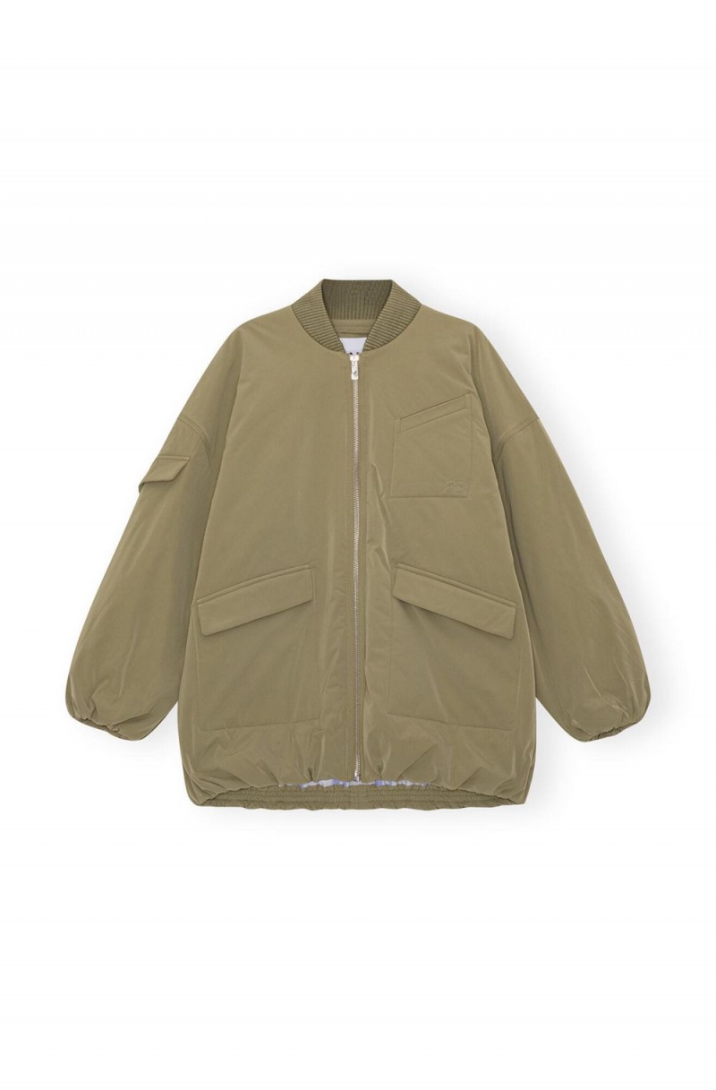 Green Women's Ganni Light Twill Oversized Bomber Jacket | 42VTWQDZN