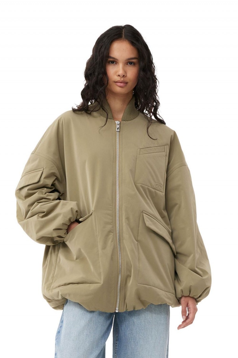 Green Women\'s Ganni Light Twill Oversized Bomber Jacket | 42VTWQDZN