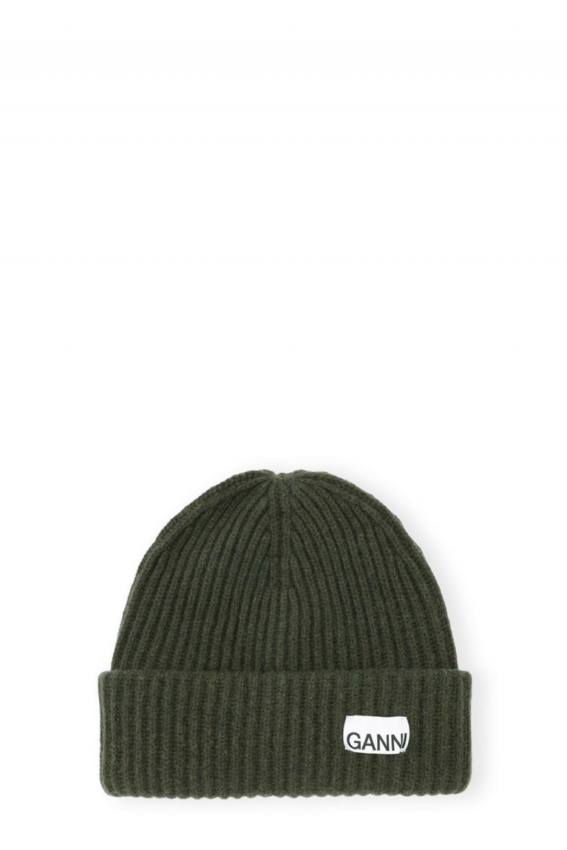 Green Women\'s Ganni Oversized Wool Rib Knit Beanie | 82DRLZPBK