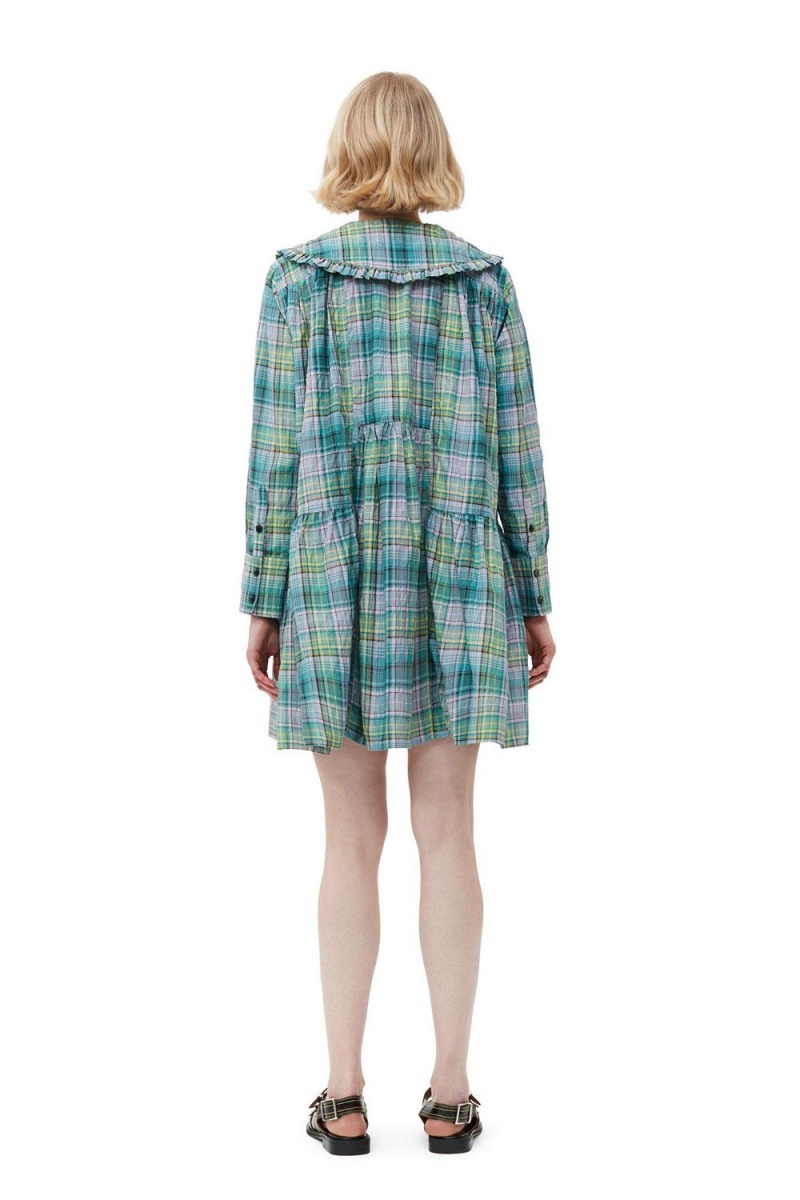 Green Women's Ganni Seersucker Check Wide Shirt Dress | 70KTZOWUR