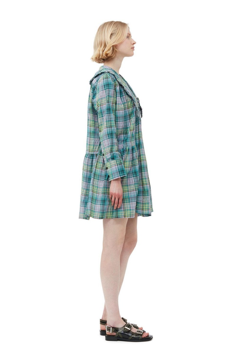 Green Women's Ganni Seersucker Check Wide Shirt Dress | 70KTZOWUR