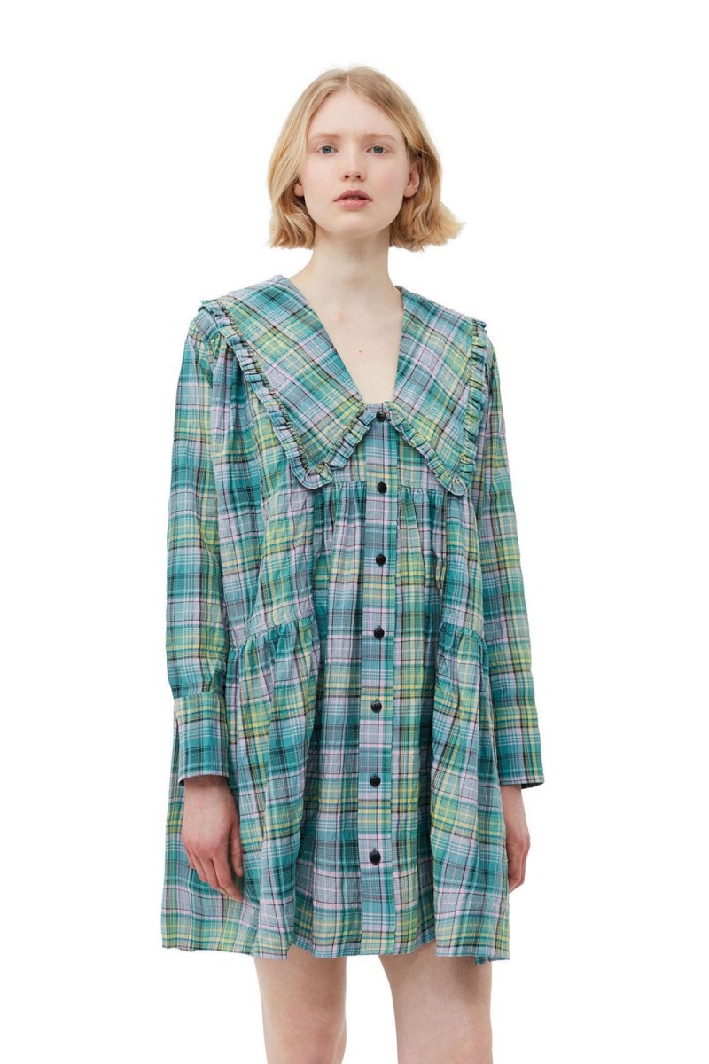 Green Women's Ganni Seersucker Check Wide Shirt Dress | 70KTZOWUR